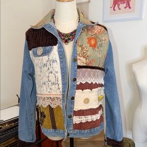 Vintage Taylor G. Mixed Media Patchwork Denim Jacket with Lace and Floral Detail